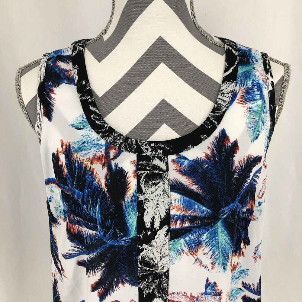 Style and Co Sleeveless Tunic Black Blue White Palm Tree Tank Top Small Petite